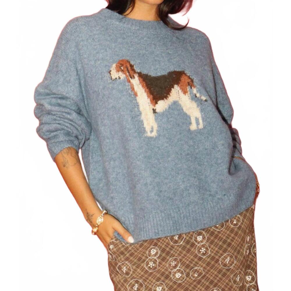 NEW BAILEY ROSE max dog hound graphic knit intarsia sweater in blue